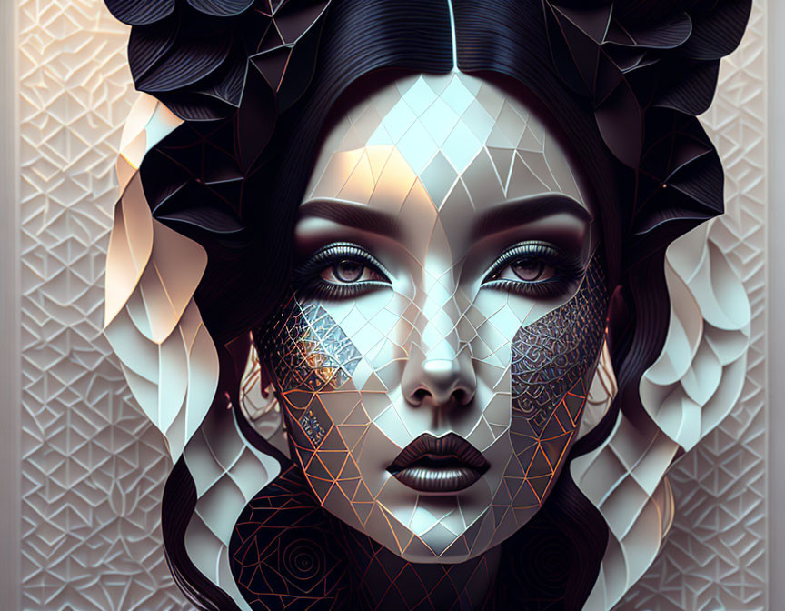 Geometric patterned woman with feathers and dark hair on textured backdrop