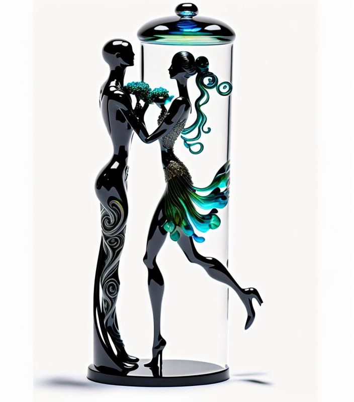 Stylized man and woman figures in embrace with black and peacock feather design in transparent container