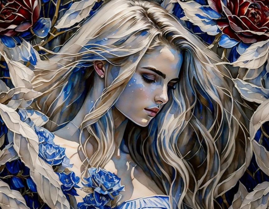 Stylized painting of woman with blonde hair and blue roses