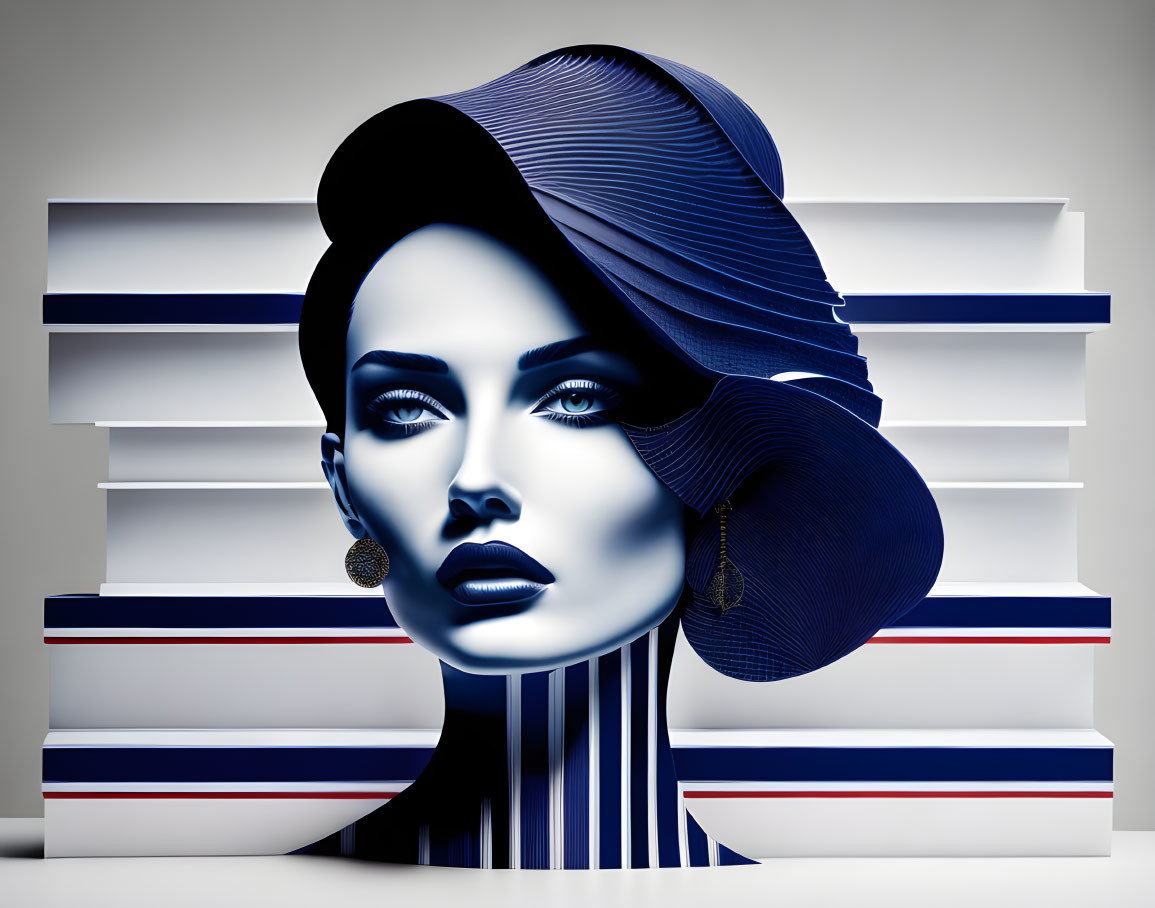 Woman with Blue and White Striped Features and Stylish Hat on Abstract Background