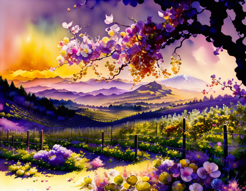 Colorful Landscape with Blossoming Tree, Rolling Hills, Flowers, and Mount Fuji at Sunset