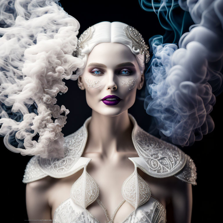 Woman with intricate makeup and ornate dress in white and blue smoke on dark background