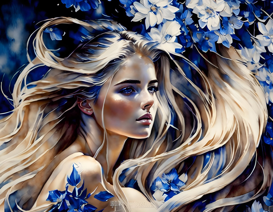 Blonde Woman Surrounded by Blue Flowers in Painting