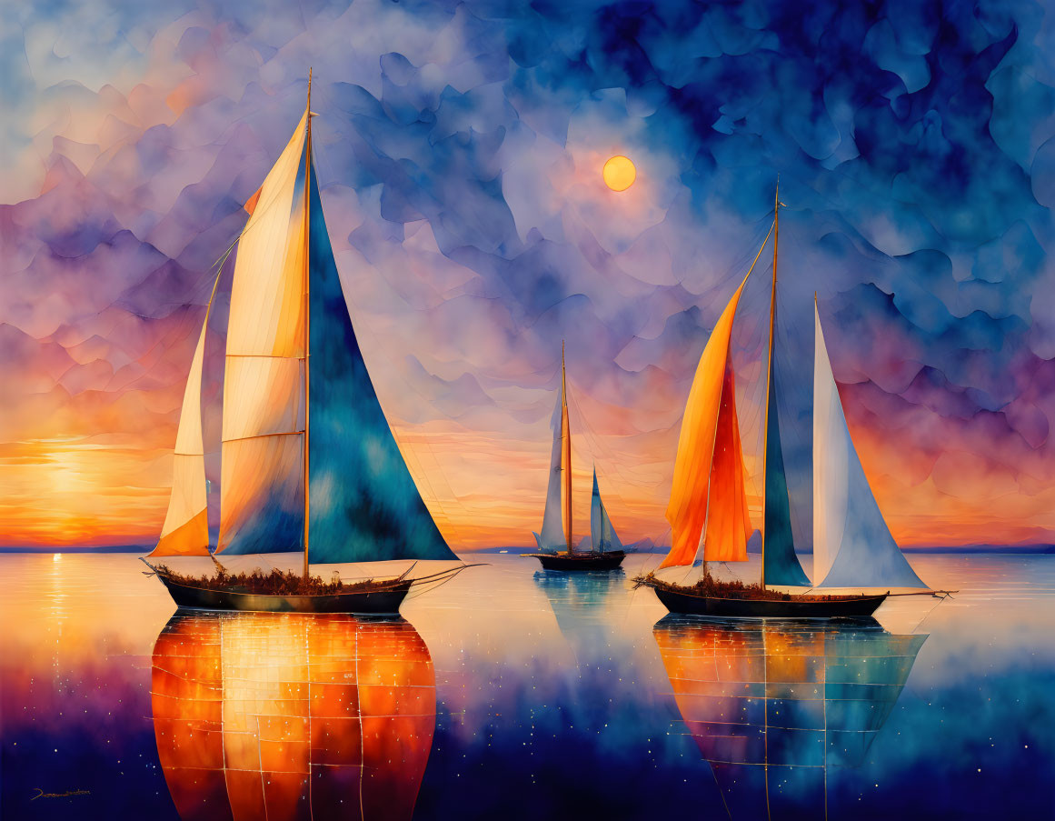 Colorful sailboats on tranquil waters under vivid sunset sky