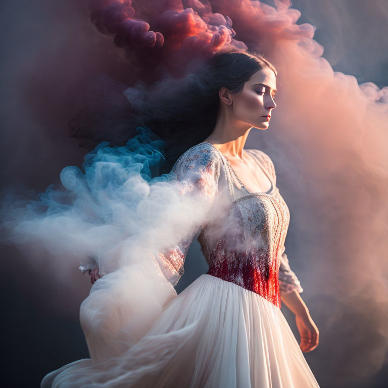 Woman in White and Red Dress Surrounded by Blue and Pink Smoke