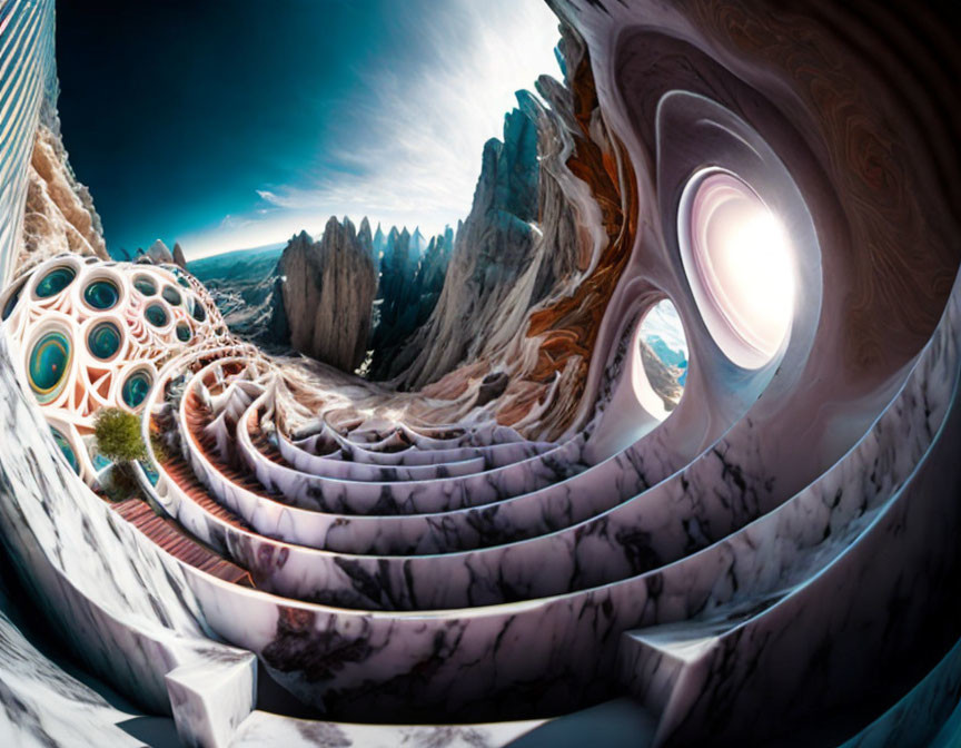 Surreal landscape with marble patterns, futuristic structures, and mountain range