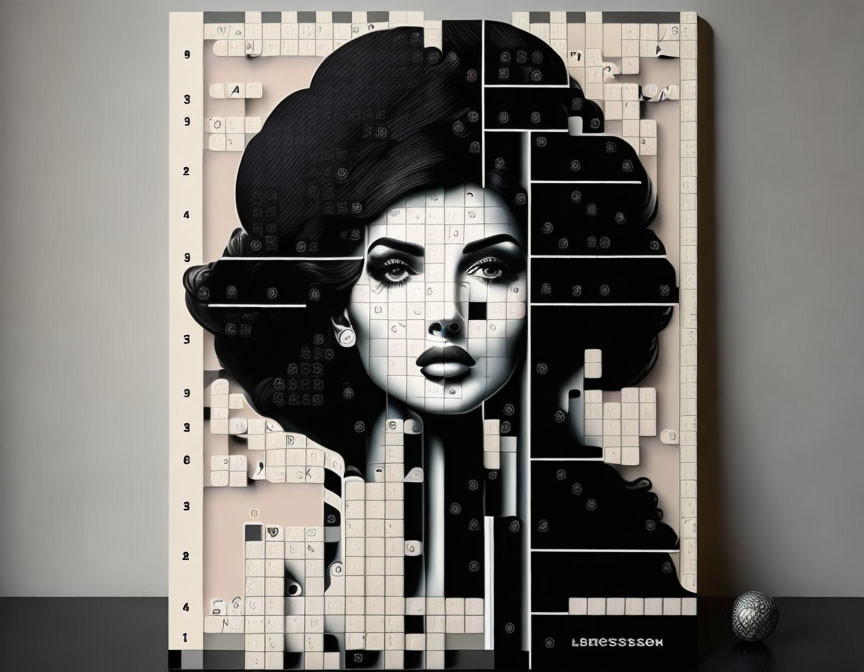 Monochrome puzzle and chess themed woman's face on beige background.