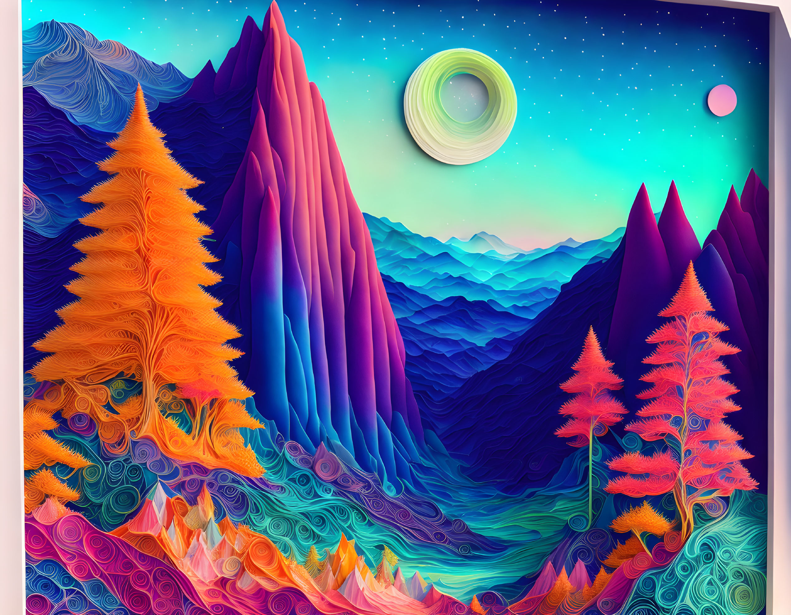 Colorful mountains, whimsical trees, and ringed planet in vibrant landscape