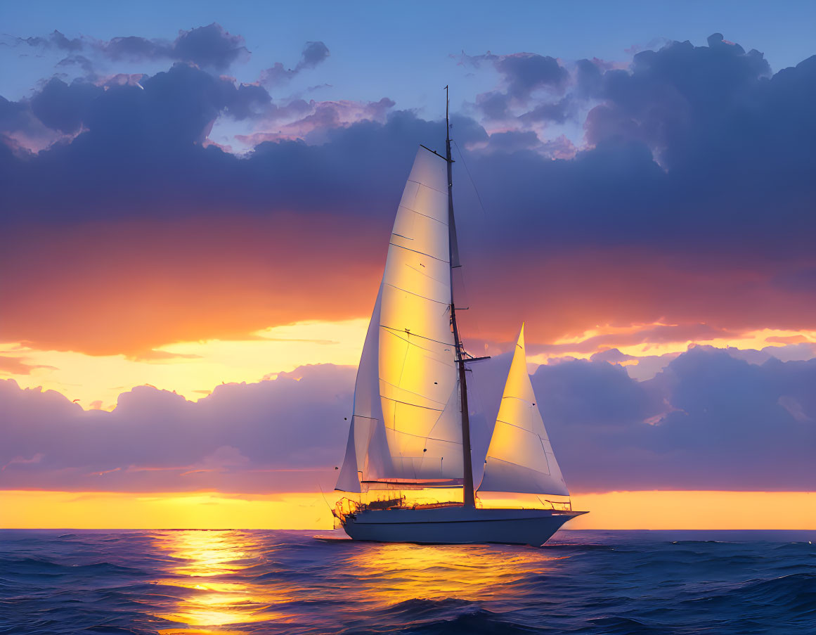 Sailboat sailing at sunset with orange and blue skies reflected on ocean waves