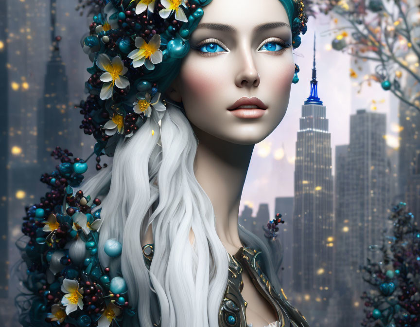 Digital Artwork: Woman with Blue Eyes and White Hair in Cityscape at Dusk