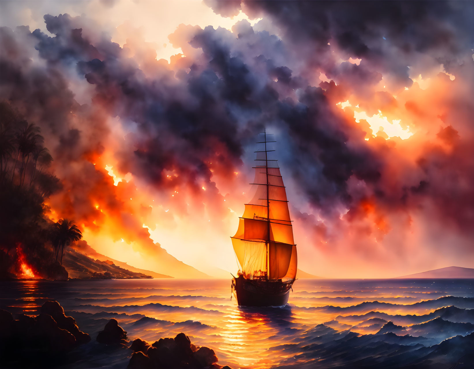 Sailing ship fleeing erupting volcano against sunset sky