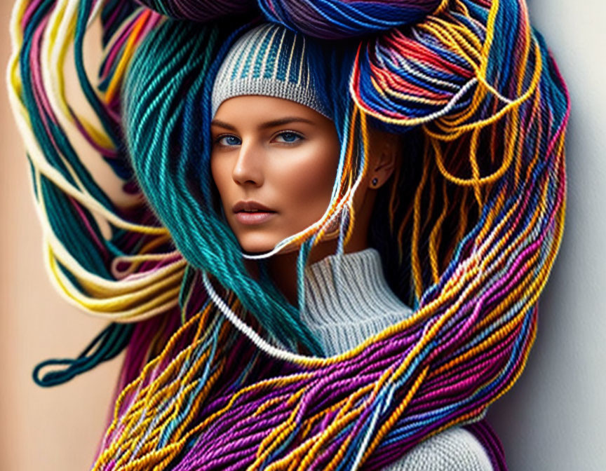 Woman with Blue Eyes in Beanie Surrounded by Colorful Yarn Strands