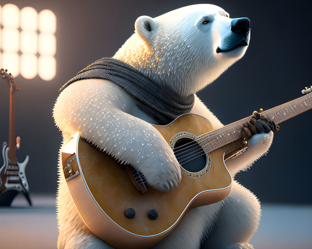 3D-animated polar bear playing acoustic guitar with electric guitars in studio.