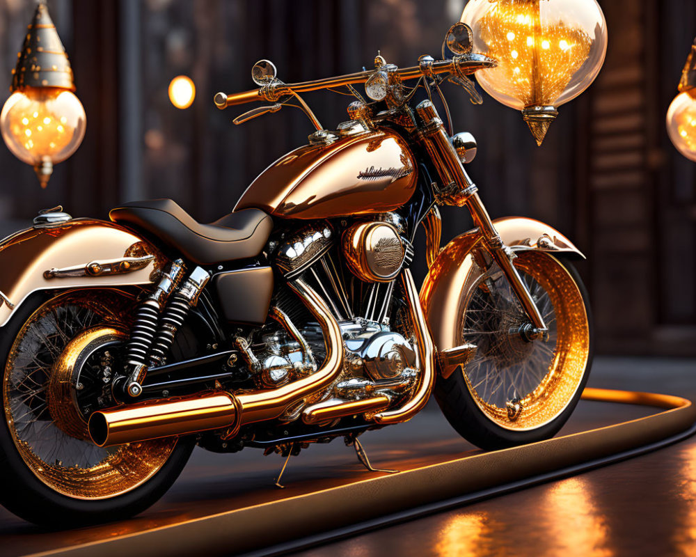 Vintage motorcycle under warm vintage lighting in a bright room