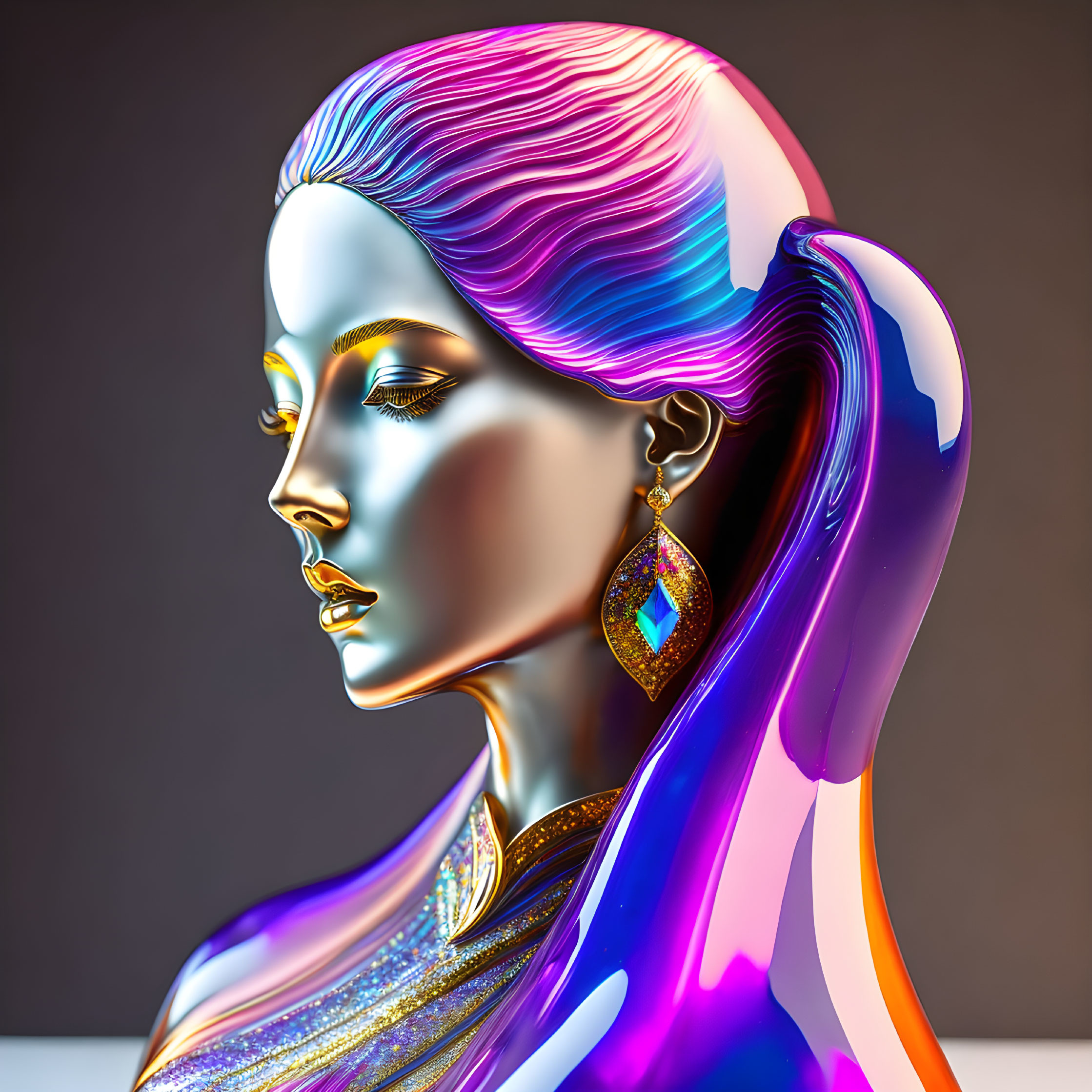 Colorful digital artwork: Woman with metallic skin, blue and purple hair, golden jewelry