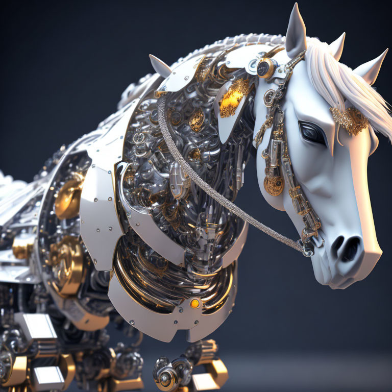 Detailed Mechanical Horse with White and Gold Colors