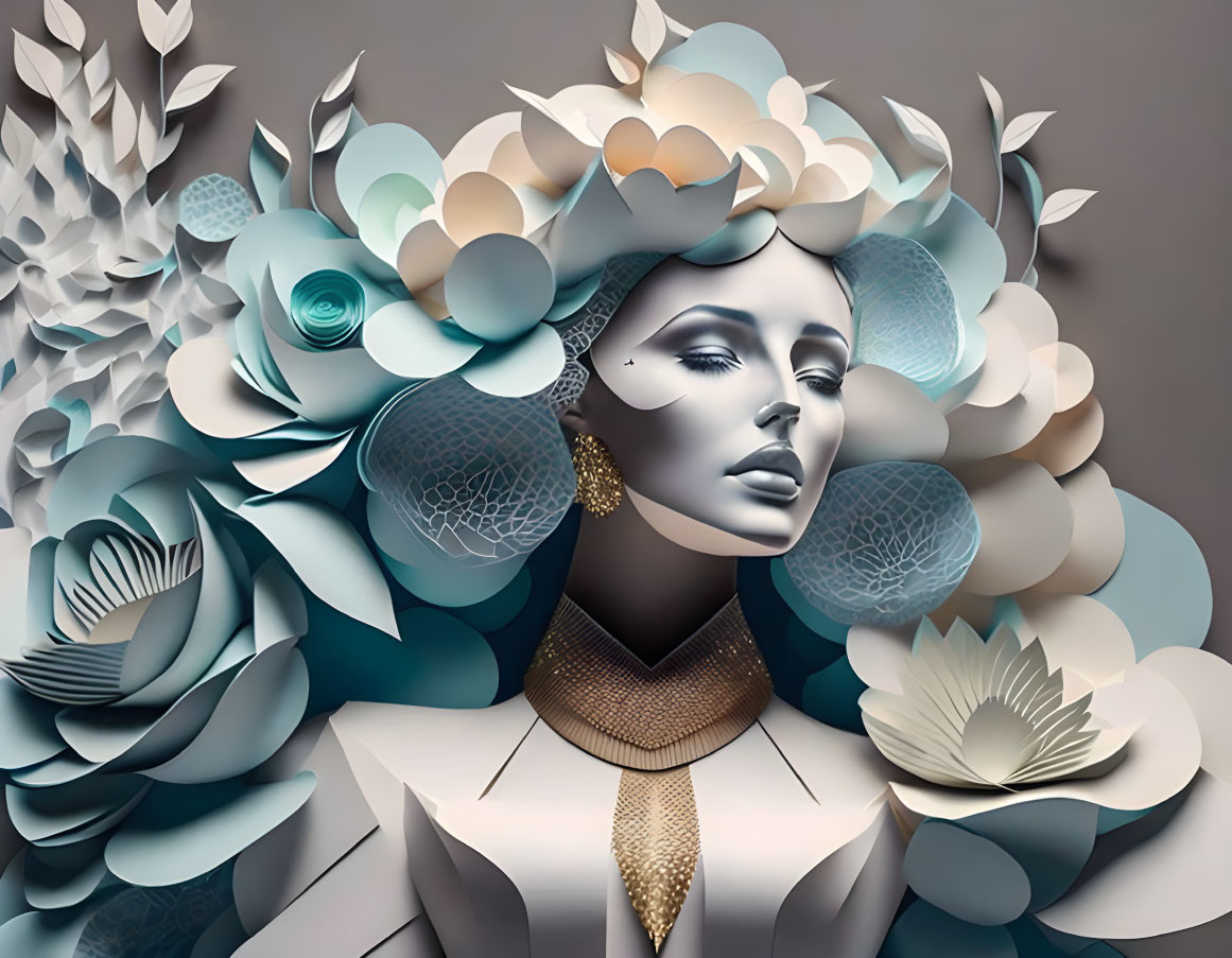 Stylized portrait of a woman with white and blue paper flower headdress on gray background