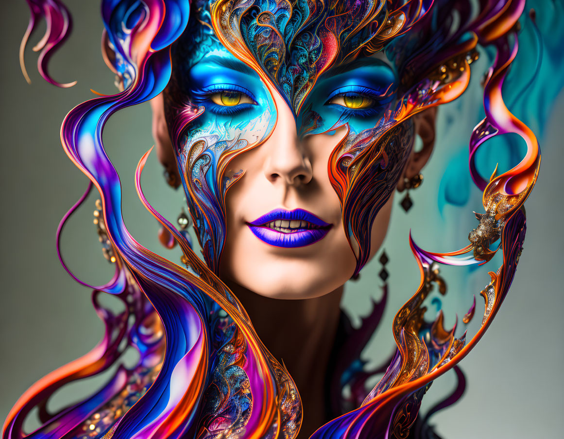 Colorful digital portrait of woman with blue, orange, and purple swirls and patterns.