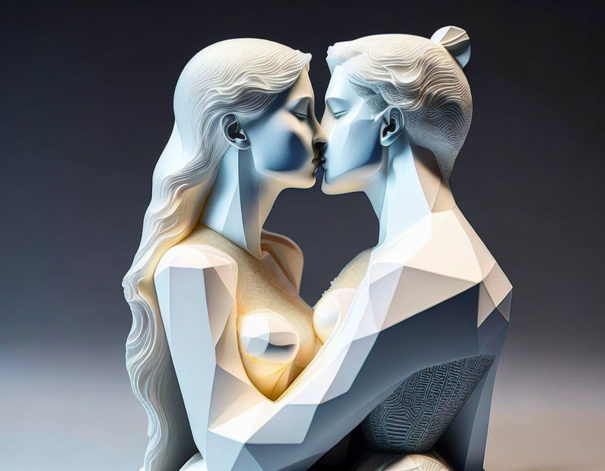 Monochromatic stylized illustration of two female figures kissing.