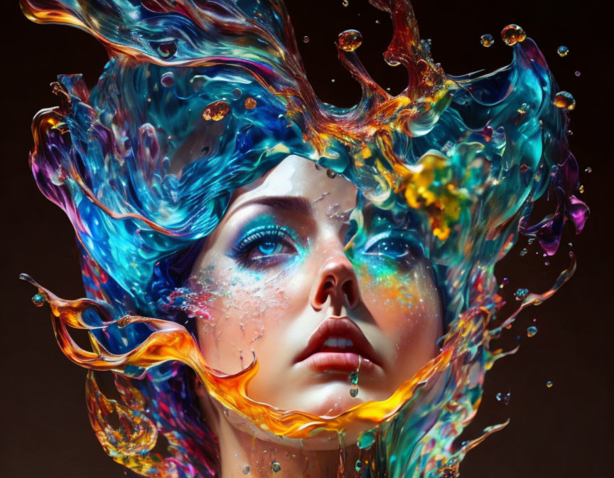 Colorful liquid splash forms dynamic hair on woman's face in digital art