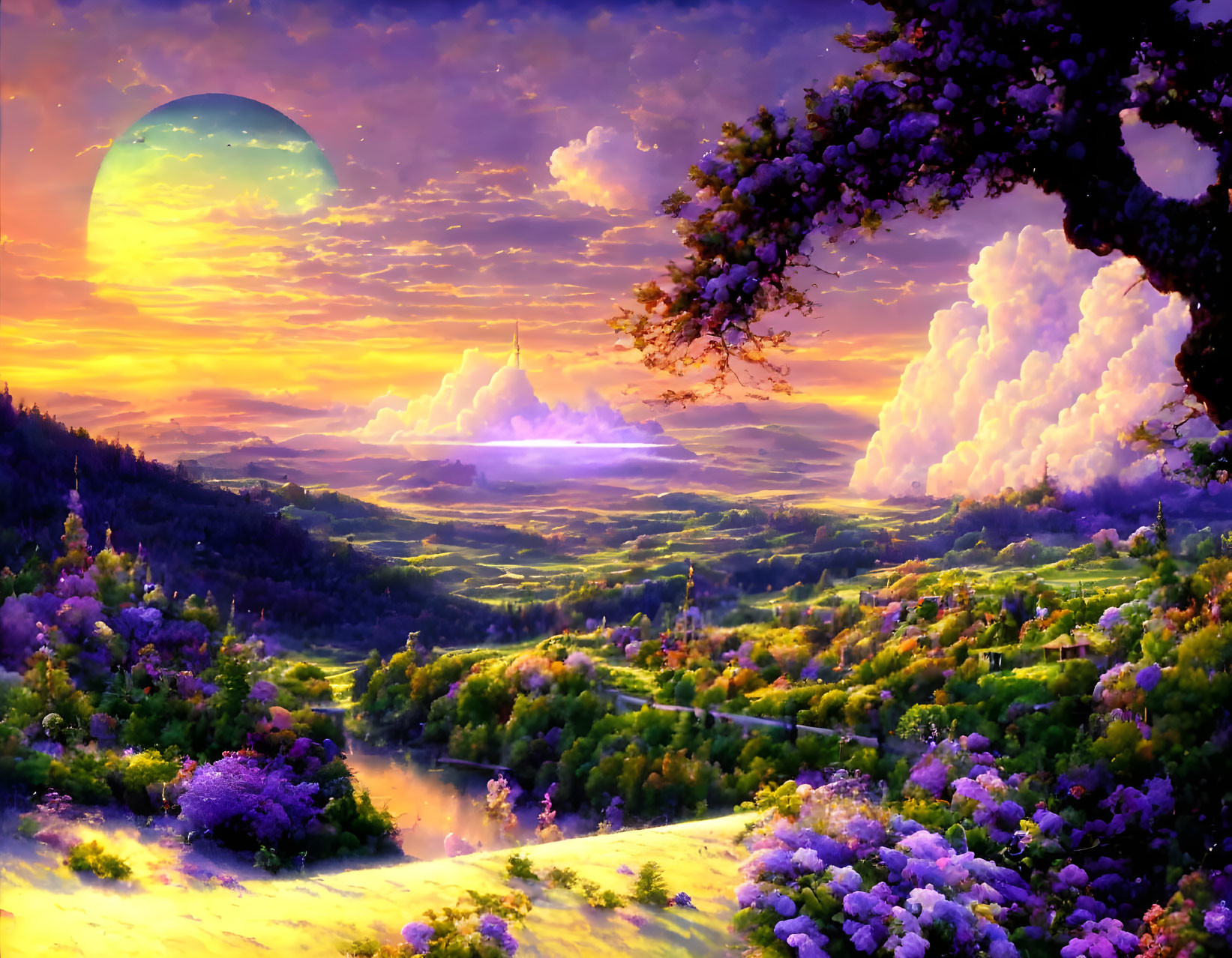 Colorful Moonrise Over Fantasy Landscape with Sunset Sky and Lush Valley