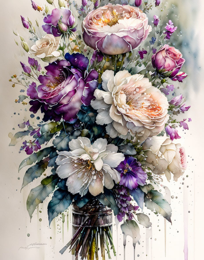 Vibrant watercolor painting of lush bouquet in purple, white, and pink