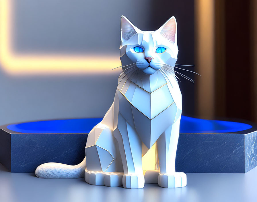 Stylized white cat 3D illustration with blue eyes and bowl