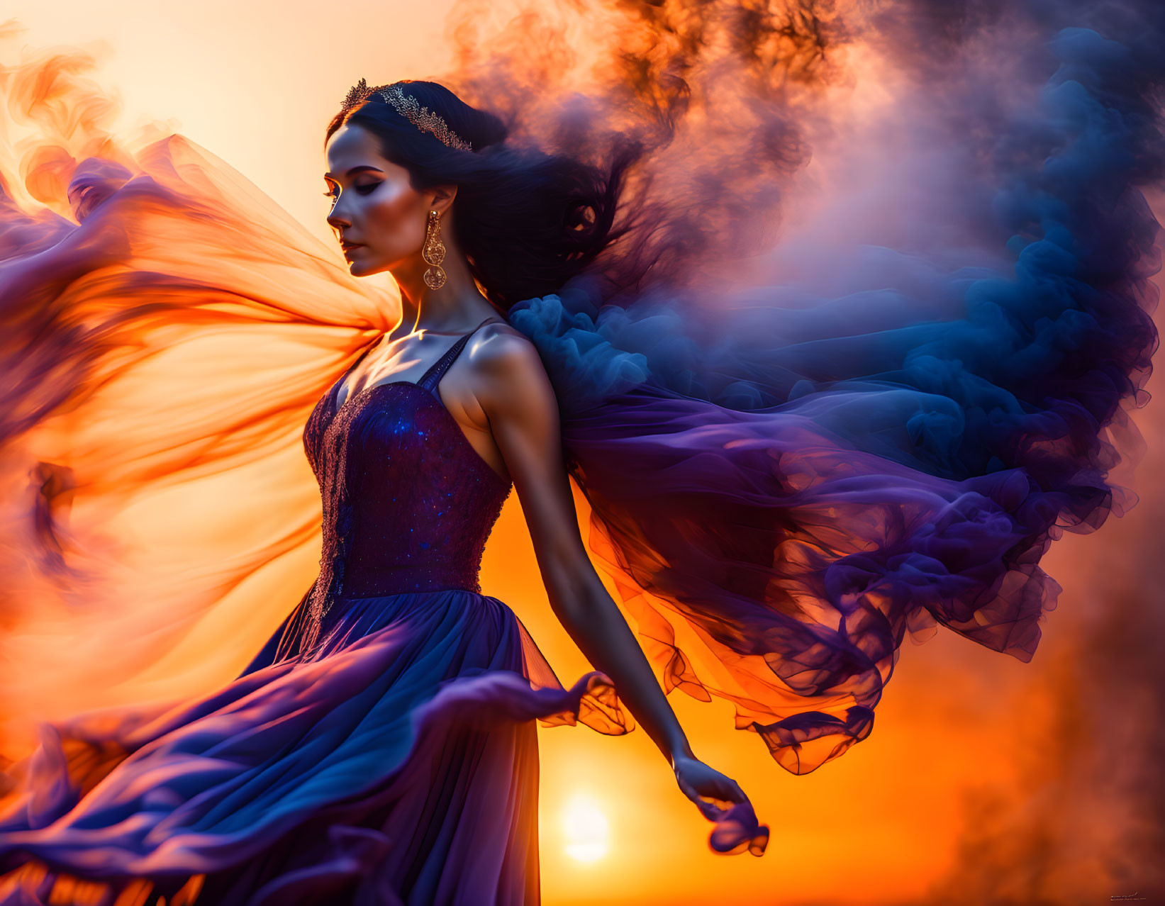 Woman in Purple Dress and Tiara Surrounded by Orange and Blue Smoke