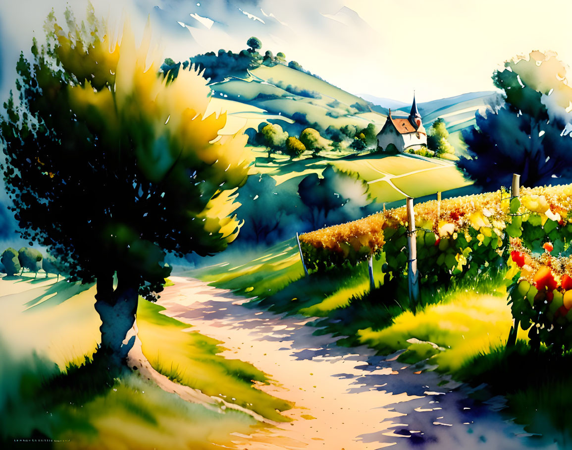 Colorful landscape with pathway to small house surrounded by trees and hills