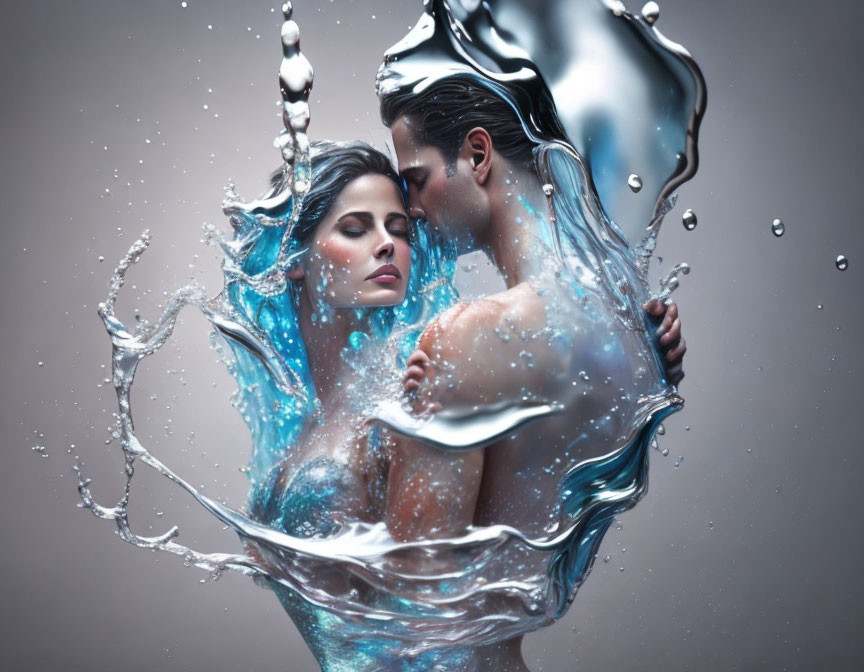 Couple Embraced in Heart-Shaped Water Splash