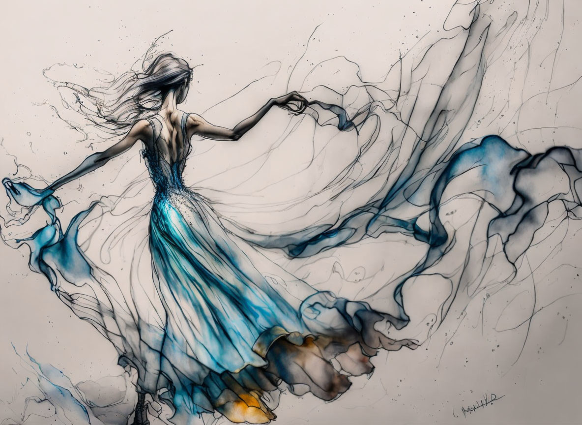 Woman in flowing blue dress with abstract ink swirls.