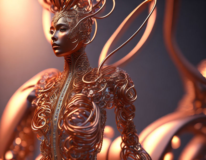 Intricate golden female figure with filigree details on warm soft-focus backdrop