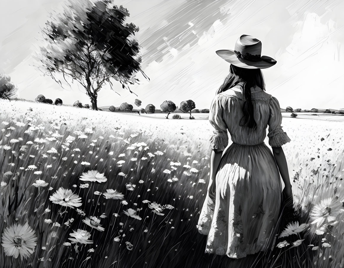 Monochrome illustration of woman in dress and hat in flower field