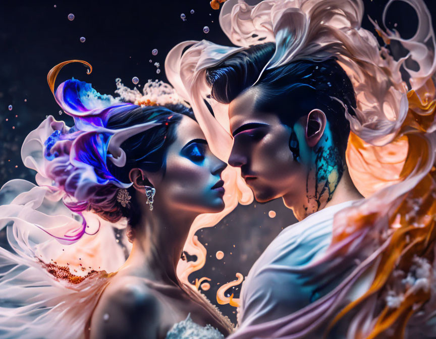 Ethereal beings with vibrant hair and painted faces in intimate embrace