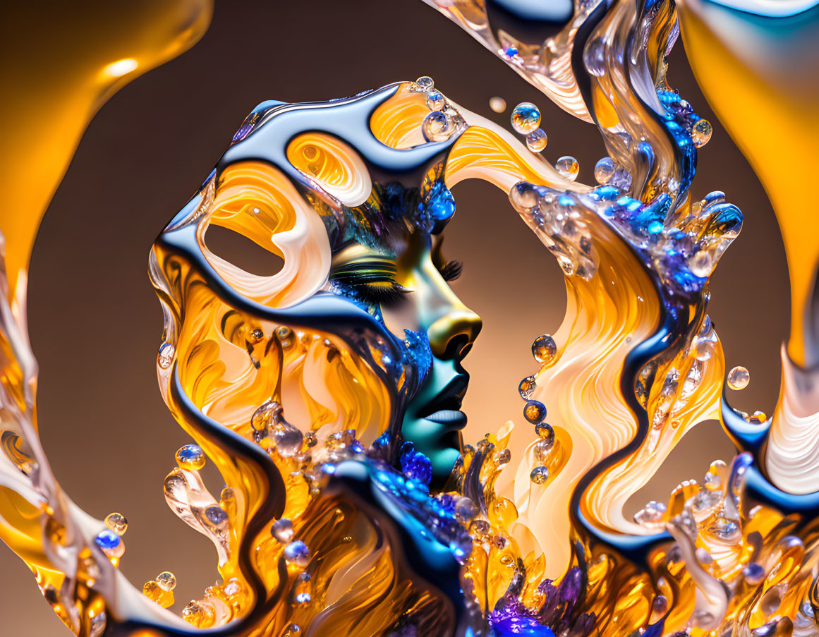 Colorful Abstract Digital Art: Female Profile with Fluid Shapes and Bubbles