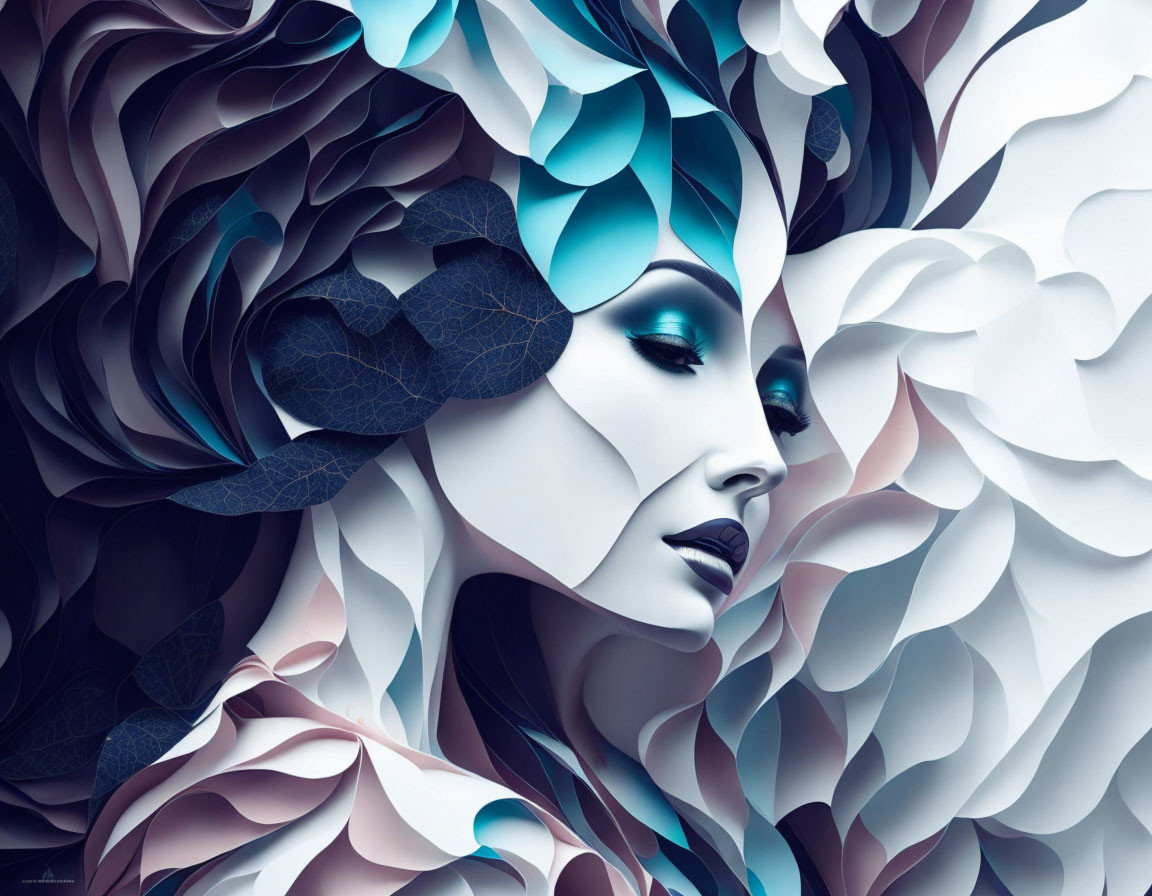 Abstract digital artwork: Woman's face in blue, white, purple floral patterns