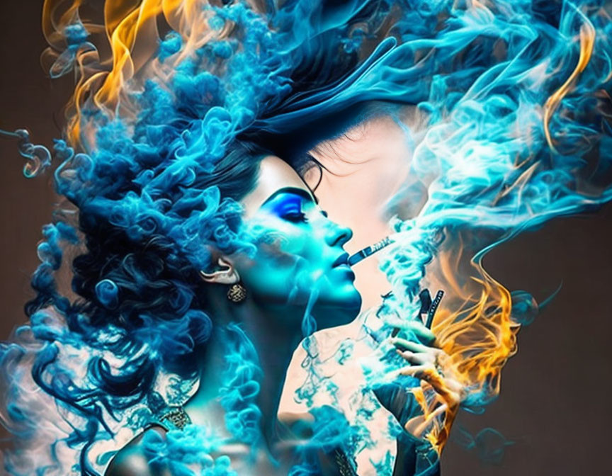 Vibrant blue smoke swirls around a surreal woman portrait