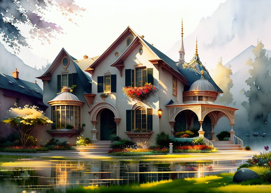 Scenic house with floral decorations near pond and mountains