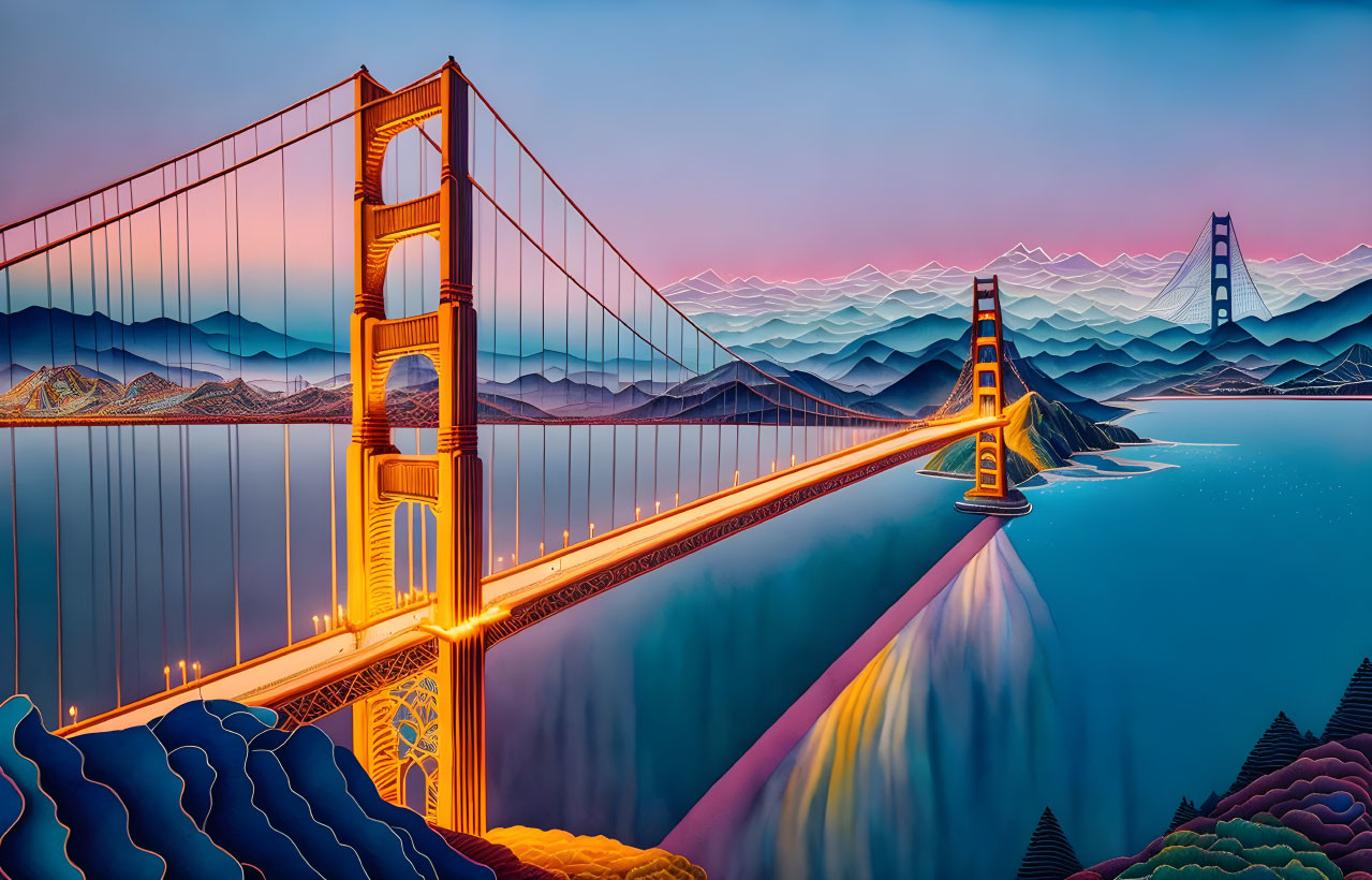 Vibrant Golden Gate Bridge twilight artwork with stylized waves and hills