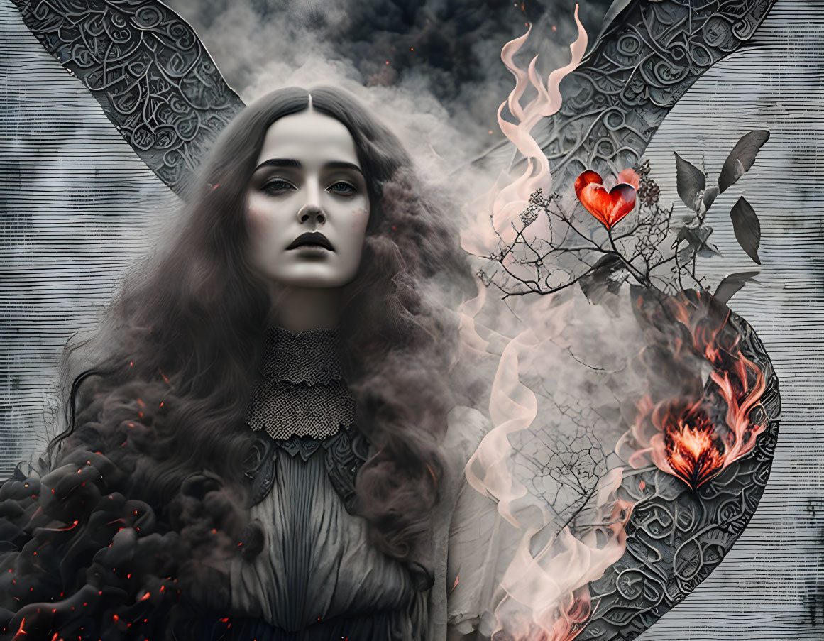 Monochromatic artwork featuring a woman with ethereal wings and flaming hearts.