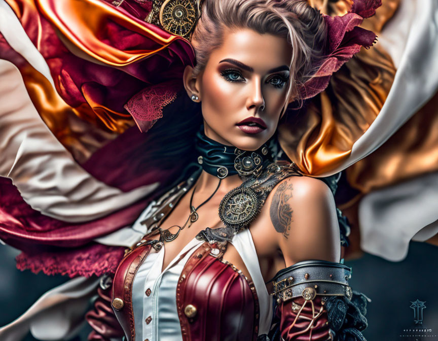 Steampunk-inspired woman with cogwheel accessories and dramatic attire