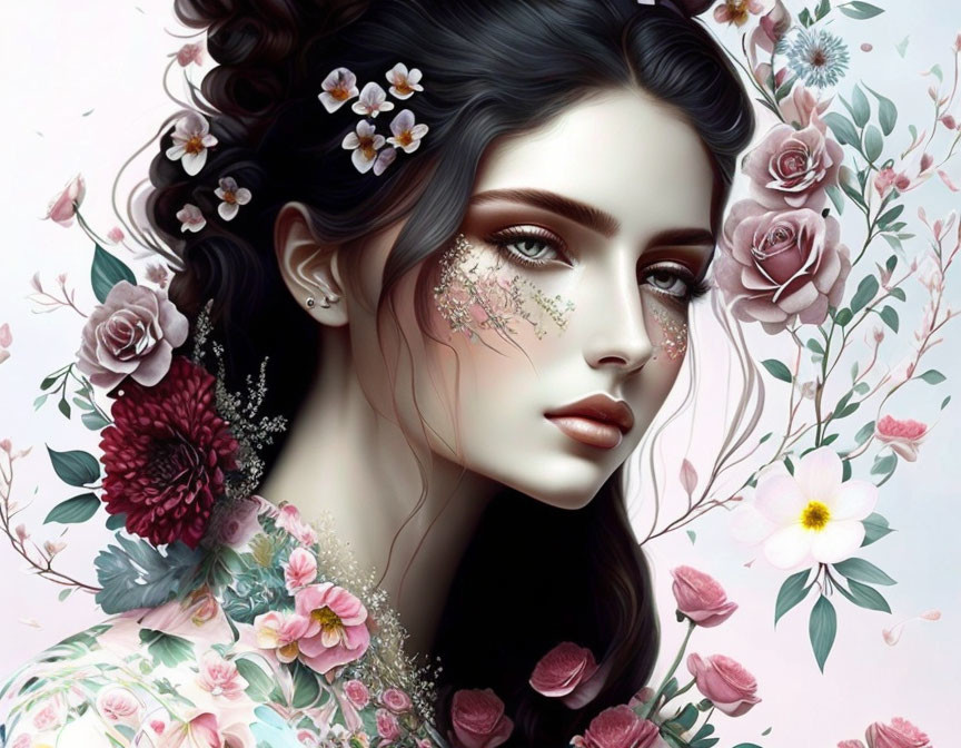 Digital illustration of woman with floral elements in hair and on face among soft-colored flowers