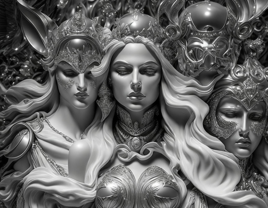 Grayscale artistic image of three mystical female figures with intricate headpieces against detailed backdrop