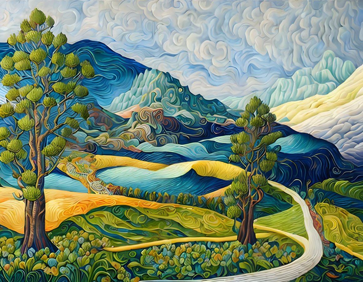 Colorful Stylized Landscape Painting with Trees, Path, and Mountains