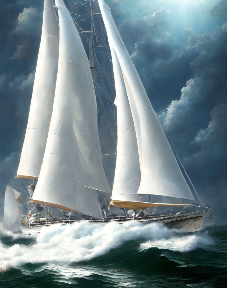 Sailboat with white sails on turbulent sea under dramatic sky