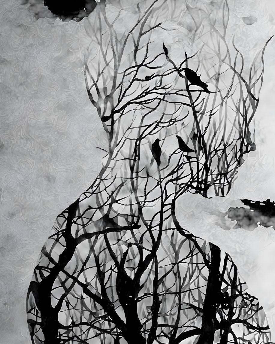 Person silhouette merges with tree and bird motif in double exposure.