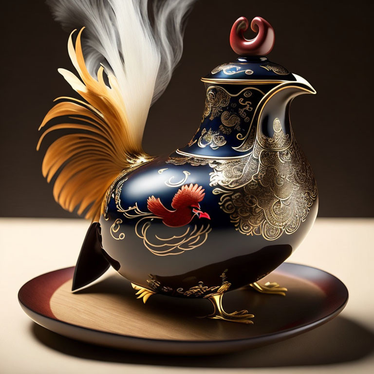 Phoenix Motif Ornate Teapot with Bird Design and Gold Embellishments