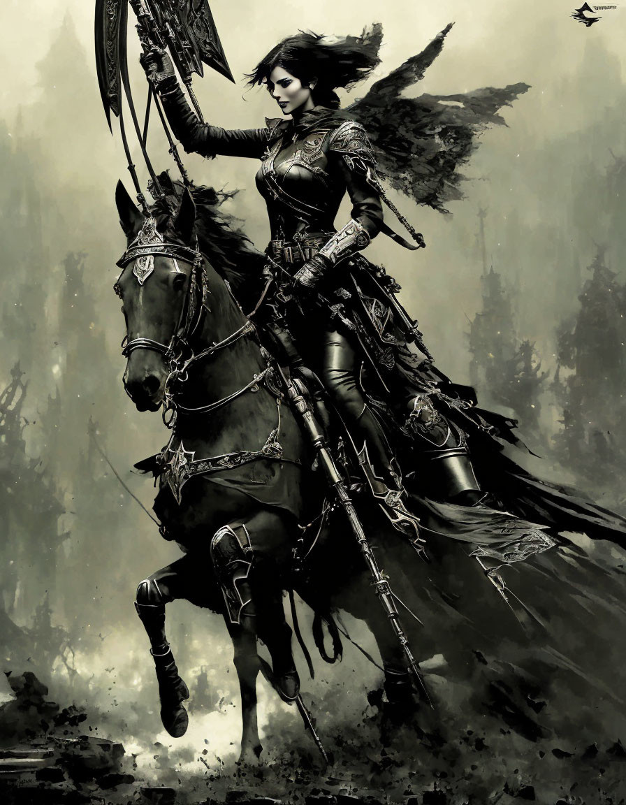 Monochromatic image of female warrior on horseback with spear in mystical setting