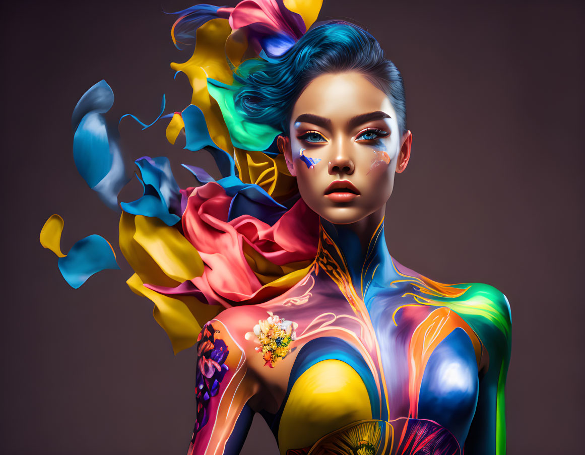 Colorful digital artwork: Woman with blue hair and body paint, vibrant colors, abstract floral elements