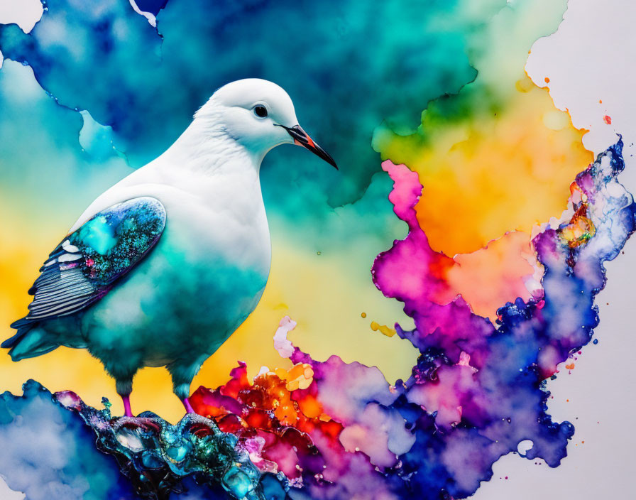 White Dove on Vibrant Multicolored Watercolor Background